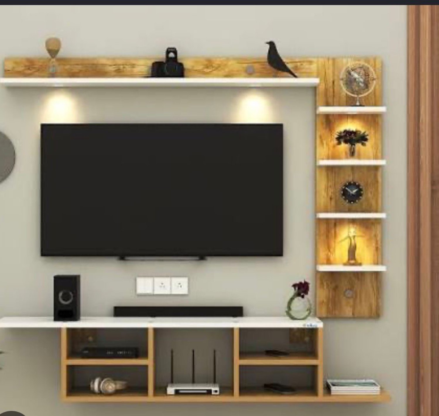 Timber TV media wall with lit shelving